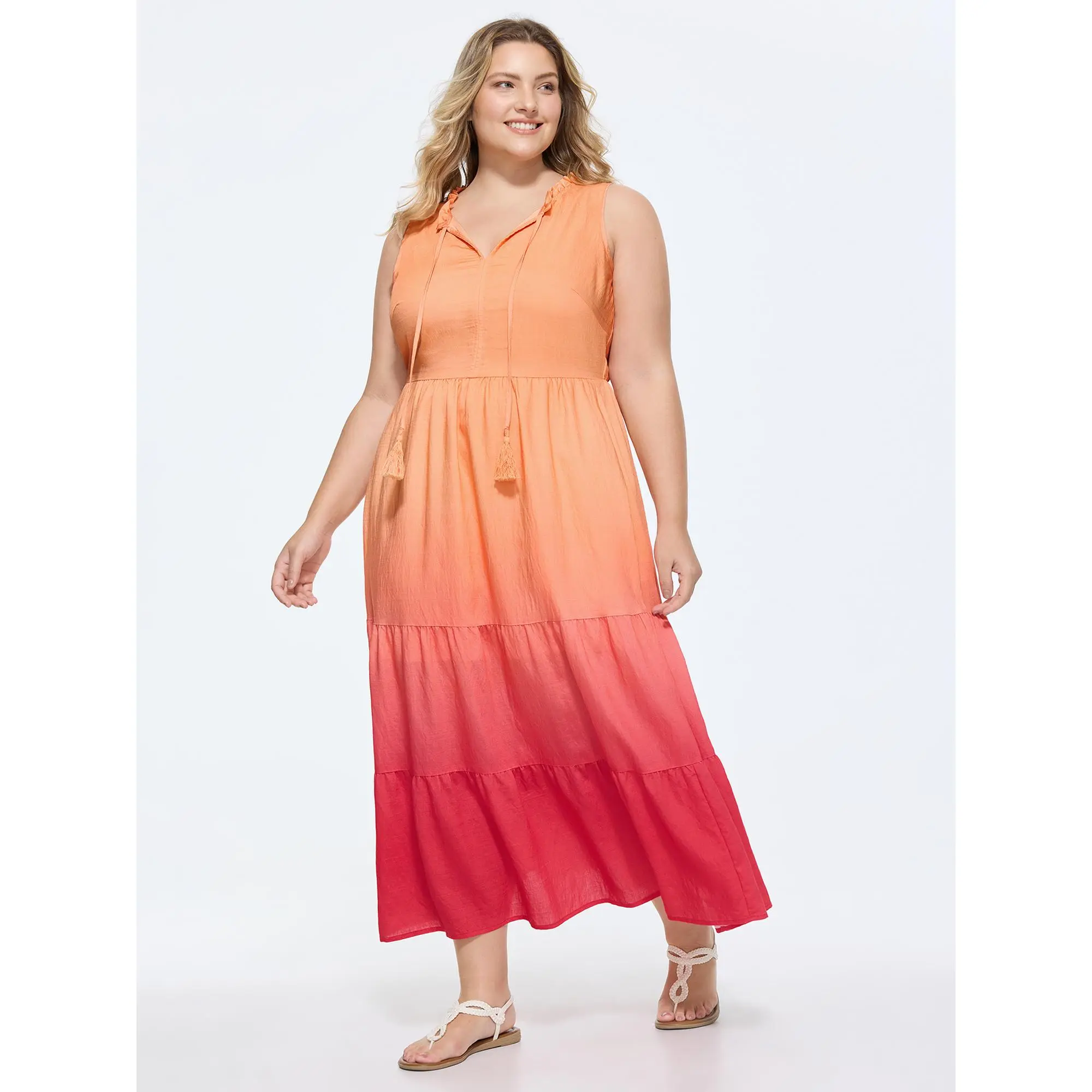 BloomChic Women's Plus Size Smooth Polyester-Nylon Ombre Tie-Neck Maxi Dress - Casual Elegant Sleeveless Simple Summer Brunch Outfit with Pockets, Ruffles, Breathable Fabric, Casual Elegant Dress, Gradient, Extended Size Casual Dresses