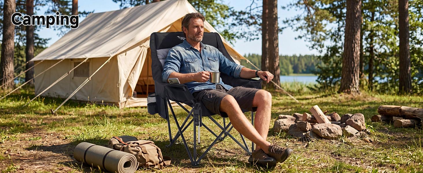Oversized XXL Camping Chair with Phone Holder, Folding Portable Outdoor Chair Supports 600 lbs, Padded Seat with Wine Glass Holder, Cup Holder & Side Pocket for Camping, Fishing tiktokshopbacktoschool