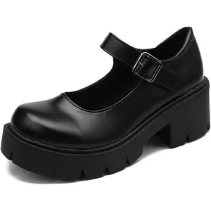 Women's Classy Elegant Chunky Mary Jane Platform Footwear - Patent Leather, Black-PU, Round Toe, Rubber Sole, Buckle Closure - Uniform Dress Shoes for School, Office tiktokshopspringglowup,summervibes