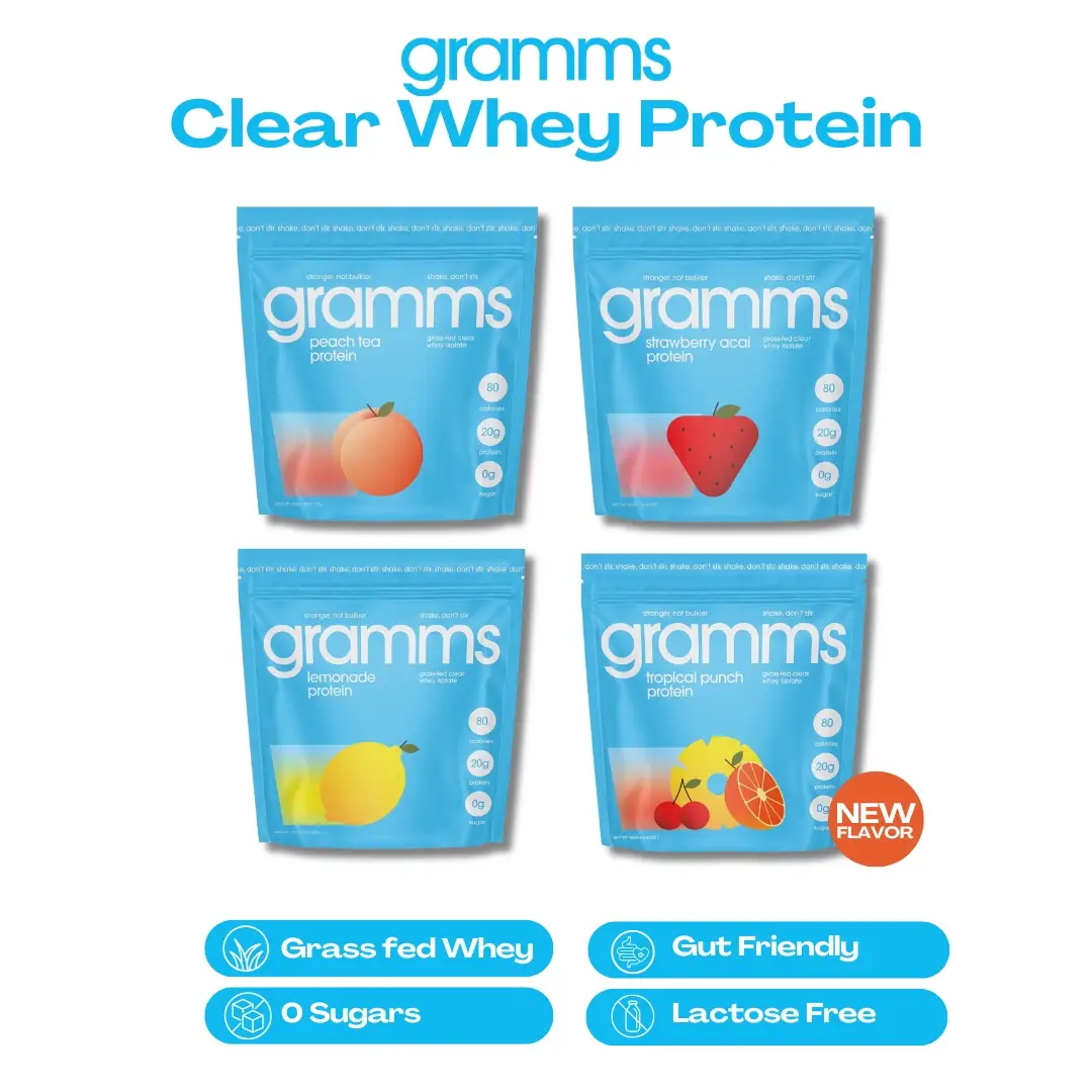 Gramms Clear Whey Isolate Protein Powder  Grass Fed Protein  20g Protein 0 Sugar 80 Calories  Gluten Free Lactose Free
