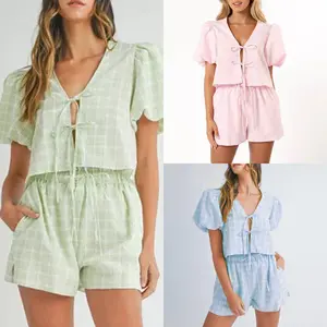 Women 2 Piece Outfits Plaid Print Tie Front Short Sleeves Tops and Elastic Shorts Club Streetwear Fashion Clothes