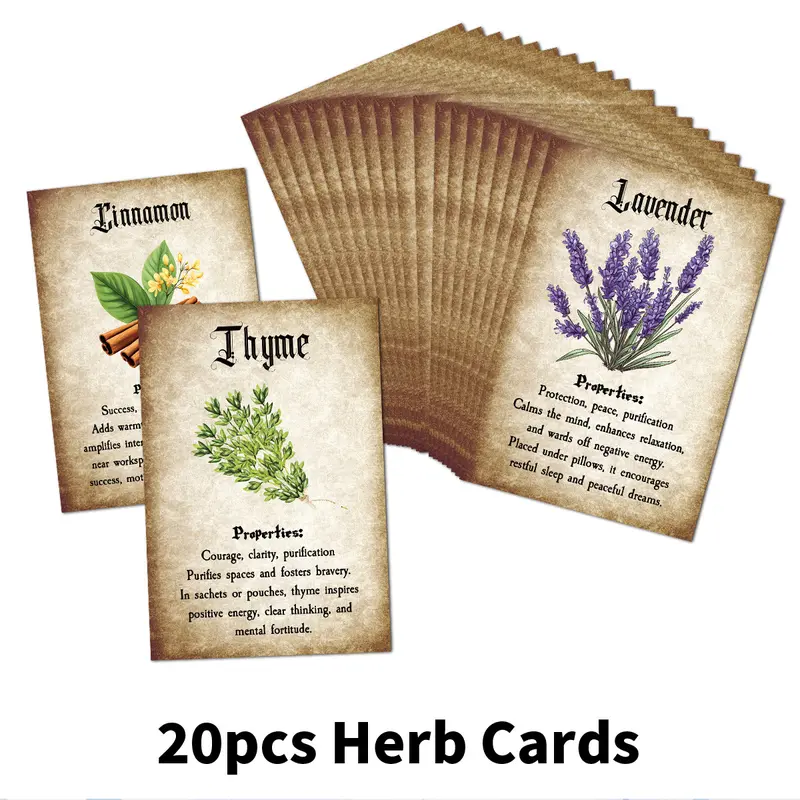20pcs Vintage Witch's Herbal Oracle Cards with Botanical Art & Herbal Properties, Illustrated Herb Cards, Green Witch Magic, Witchcraft & Meditation, Apothecary Journal Reference, Lavender