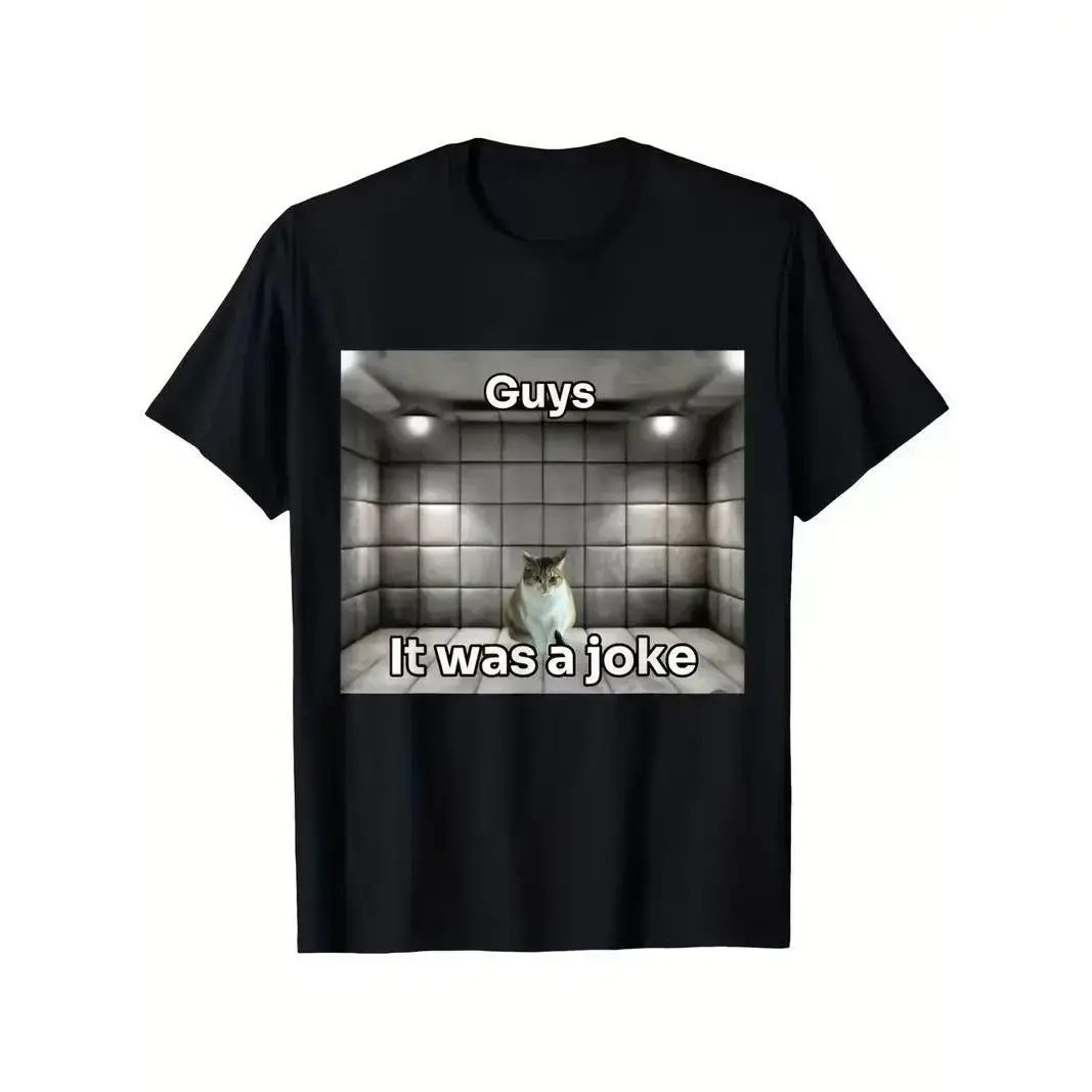 Menswear Guys It Was A Joke Jail Cat Viral Meme T-Shirt - Unisex 100% Soft Cotton Crew Neck Loose Short Sleeve Fashion Tee, Funny Prison Cat Graphic Top, Daily Casual Fit, Fitness Exercise, All Seasons, Machine Washable Novelty Gift For Meme Lovers, Simpl
