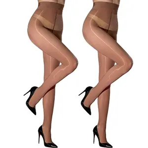 2 Pack Women's Shiny Sheer Tights, High Waist Silky Pantyhose, Oil Sheen Nylon Stockings, Elastic Comfort Legwear for Daily Wear, Black/Natural Nude/Brown