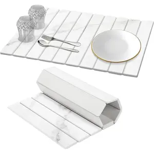 Large Collapsible Stone Dish Drying Mat 24"x16" Heat-resistant for Kitchen Counter Instant Drying Fast Dry Pad for Utensils Pots and Bottles Diatomaceous Earth Mats White Marble