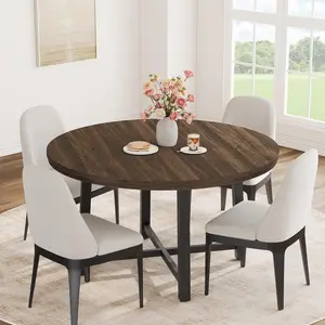 Garvee 47-inch Round Dining Table with Sturdy Metal Frame and Rustic Brown Finish, Industrial Style Wooden Kitchen Table for 4 to 6 People, Perfect Circle Table for Dining Room or Kitchen (No Chairs)