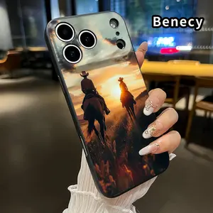 Straight Edge Phone Case for iPhone 17 15 16 14 Pro Max 13 12 11 XR XS Plus Air E  Sunset Horseback Ride Pattern Full Body Protection Shockproof Soft Liquid Silicone Cover Cellphone Protective