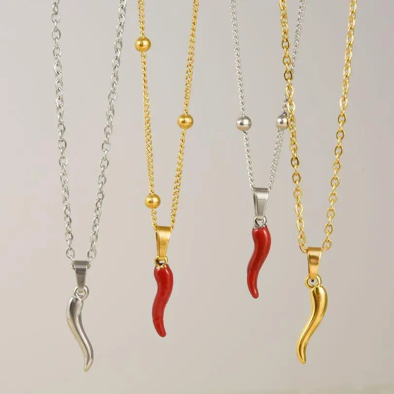 Italian Horn Chili Pepper Pendant Necklace, Grunge Style Stainless Steel Chain Accent Necklace for Women - Durable Fashion Accessory, Chain Accent Necklaces