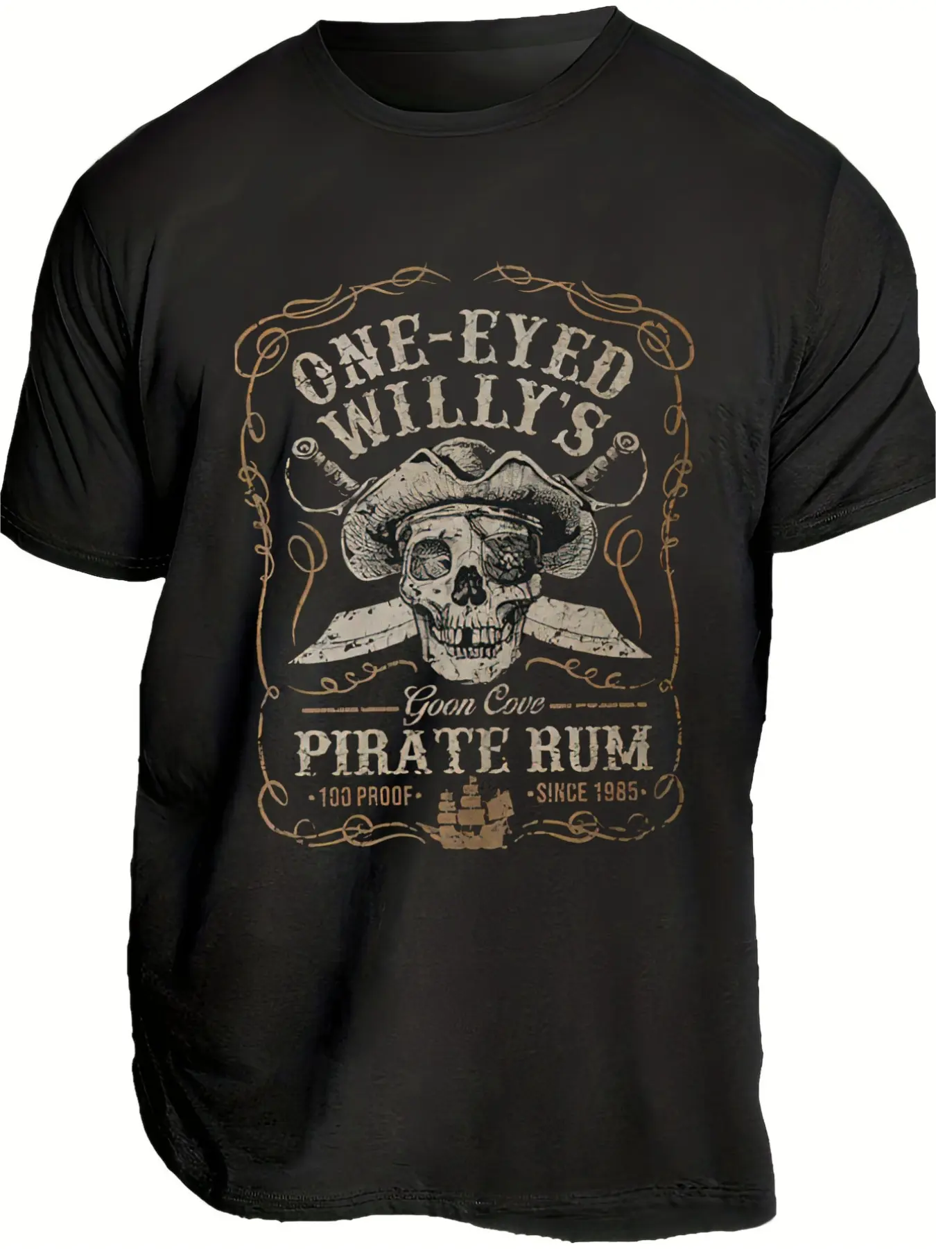 Men's Vintage Pirate T-Shirt with One-Eyed Willy's Skull & Swords Design - Retro Nautical Short Sleeve Round Neck Tee, Lightweight Suitable for Rum Lovers, Casual Casual Attire, Pirate-Themed Apparel for Adventure & Themed Parties