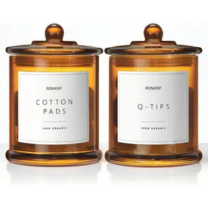 Ronasip Qtip Holder & Cotton Pad Dispenser, Bathroom Organizer and Storage Canisters, 16oz Glass Apothecary Jars for Kitchen, Restroom - Home Decor Accessories, Room Decor Aesthetic (2 Pack, Amber)