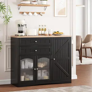 Vabches Farmhouse Buffet Sideboard Cabinet, Black Storage Cabinet with Barn Doors and Drawers, Fluted Glass Doors & Adjustable Shelves, Coffee Bar with Storage for Kitchen, Living Room