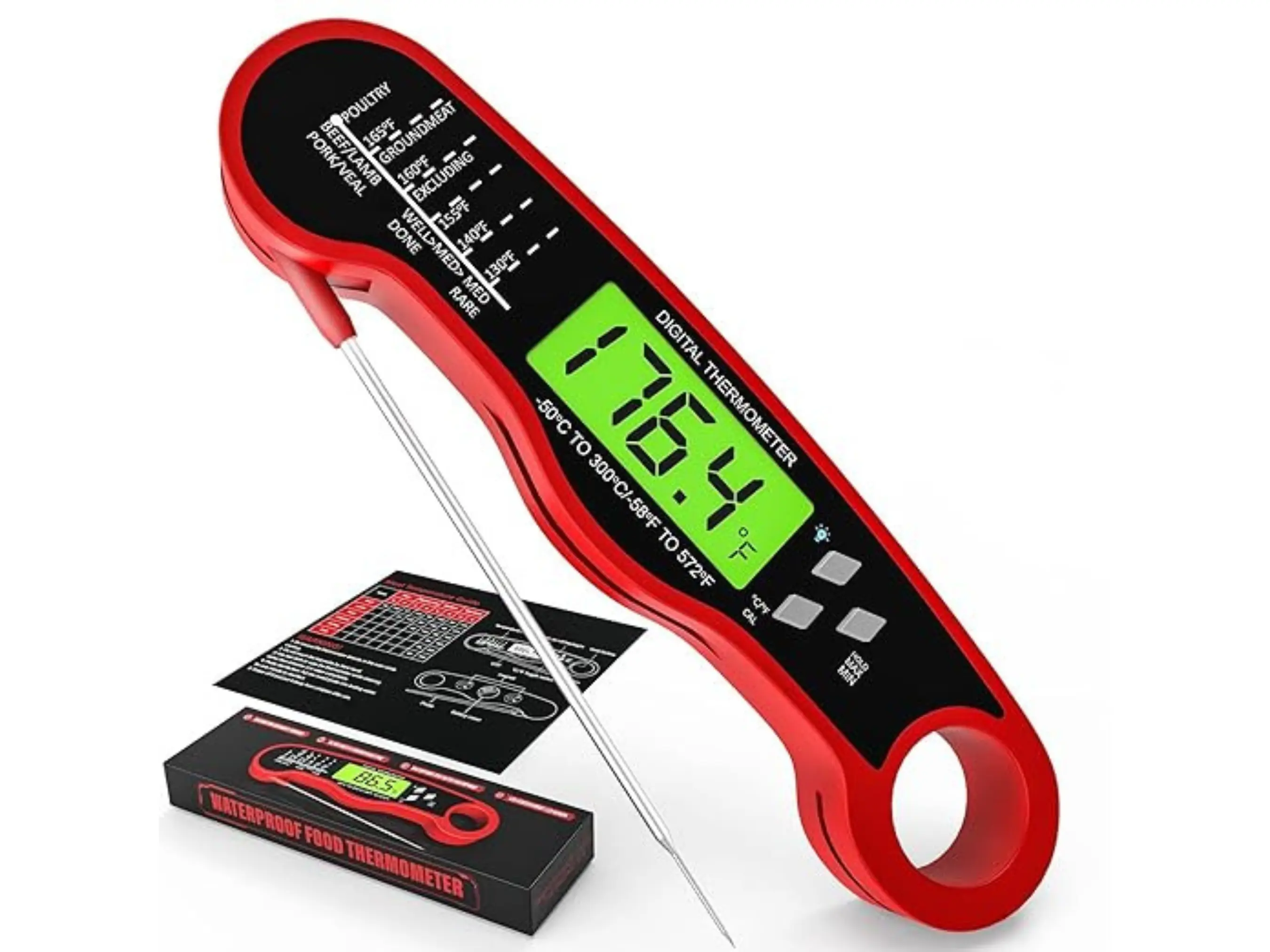 Digital Cooking Thermometer, Waterproof LCD Kitchen Gadget with Fast Instant Read, Backlight & Hold Function - Red Kitchen Utensil