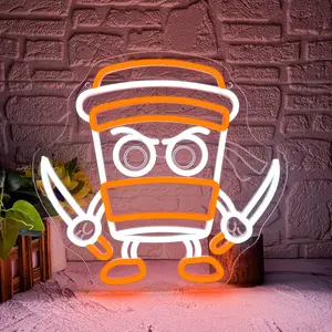Italian Cappuccino and Assassin Neon Sign, Dimmable, Fun Cappuccino Killer Neon Sign, Ninja Coffee Cup Wall Decor, LED Mood Light, Suitable for Bedroom, Club, Cafe, Bar, Interior Decoration, Gift