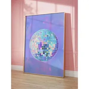 Printable Wall Art, Disco Ball Maximalist Oil Painting, Bright Pastel Purple Girly Poster, Trendy Dopamine Decor, Mirror Ball Vivid Print