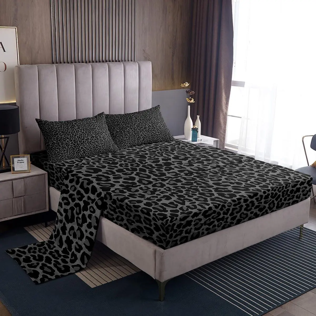 African Cheetah Sheet Set,Leopard Print Bed Sheets Set for Kids Boys Girls,Grey Animal Skin Sheets,Wildlife Flat Fitted Sheet Deep Pockets