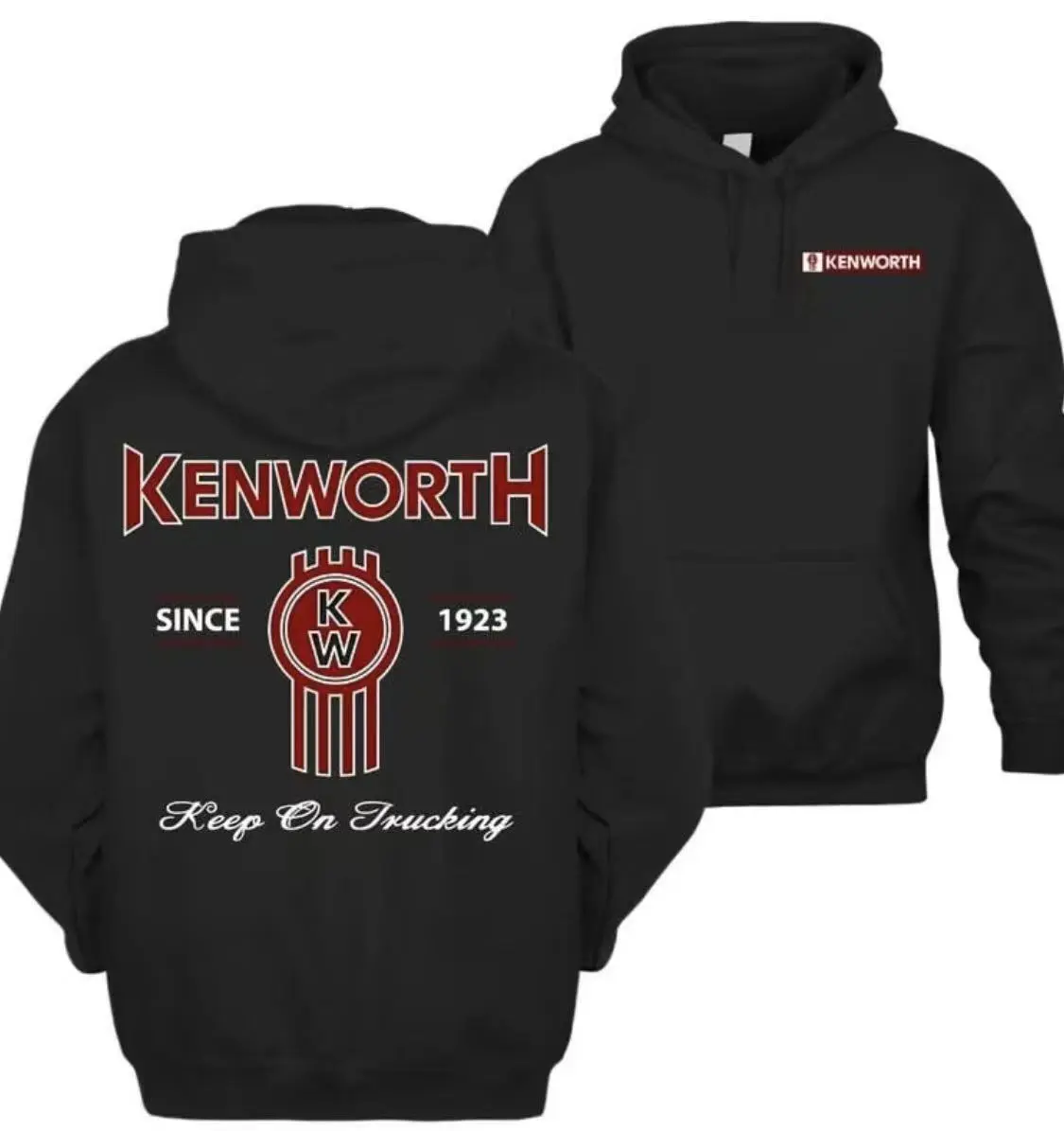 Unisex Kenworth Logo Long Sleeve Graphic Hoodie - Classic 1923 Trucker Pullover, Soft Cozy USA-Made, Fall Winter Casual Vintage Streetwear, Semi Truck-Inspired Everyday Top, Graphic Hoodies