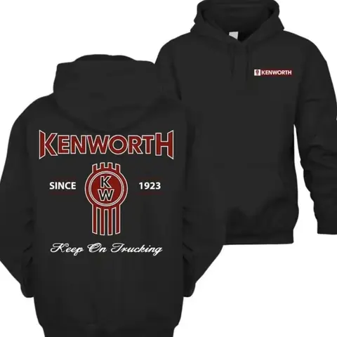Men's Kenworth Logo Cotton Long-Sleeve Graphic Hoodie - USA-Made, Soft, Cozy 1923 Trucker Pull-On Hoodie, Vintage, Chic, Fall Winter Outdoor Semi Truck-Inspired Sweatshirt, Workwear Ready