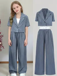 Kids Pinstripe Blazer Crop Top & Wide Leg Pants Set, Cute Fitted for Girls, Trendy Formal Casual Spring & Fall