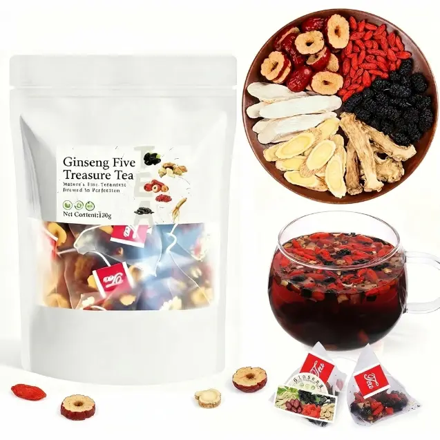 5-Treasure Traditional Chinese Herbal Beverage, Natural Mixed Tea with Ginseng, Red Dates & Mulberries, Triangular Natural Tea Bags for Daily Adult Use, Varied Packs 20/40/60 Bags, Kidney-Supportive Drink,Herbal Drink,Healthy Kidney Tea,Herbal Mixed Roots