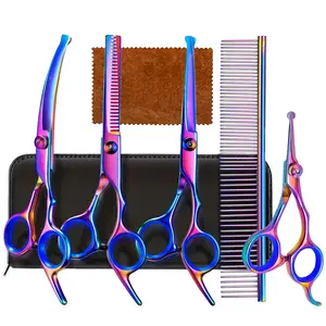 Professional 7-In-1 Pet Grooming Scissors Set, Grooming Tools, Safety Rounded Tips, Sharp Stainless Steel, Ideal for Cats and Dogs, Grooming Supplies