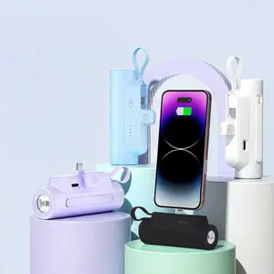 Mini Portable Capsule Charger 5000mAh USB-C 18W Fast Charging with Built-in Data Cable & Adjustable Stand for Apple Android Smartphones Compact & Stylish Design