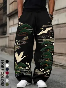 Men's Japanese Lucky Aesthetic Sweatpants, Breathable Casual Crane Pine Print Wide Leg Pants, Ideal for Daily Wear