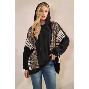 Oversized Hooded Animal Print/Striped ColorBlock Top