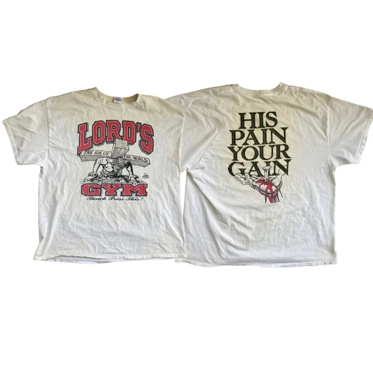 Vintage 1990s LORDS GYM His Pain Your Gain White Cotton T-SHIRT, Hipster Swag God Lord Jesus Christian Anvil Menswear Soft