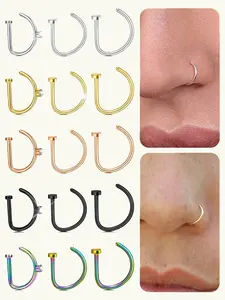 3pcs/Set Punk D-Shape Style Stainless Steel Hypoallergenic Nose Ring Non Piercing Faux Nose Ring Nose Clip 18G Thin Septum Nose Rings Lip Hoop ﻿Conch Daith Helix Ring Cartilage Earrings 8mm 10mm,Women And Men Body Pierecing Jewelry Fake Nose Ring