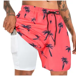 Men Double Layer Quick Dry Swim Shorts Anti See Through Breathable Lightweight Elastic Waist Drawstring Beach Board Shorts Waterproof Loose Fit Summer Surf Swim Trunks With Pocket For Gym Running Outdoor Sports Holiday Vacation