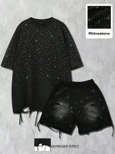 Men's Loose Fit Casual Summer Set, Ripped Effect, Rhinestone, Washed T-Shirt & Shorts, Round Neck, Rock Style, Fashionable Daily Wear