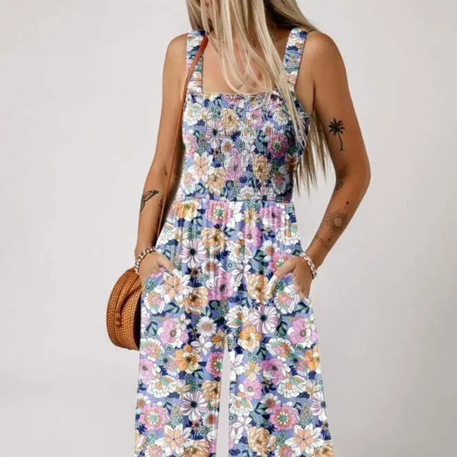 Full Length Purple Floral Stretchy Jumpsuit with Side Pockets - plus size included Womenswear Rompers