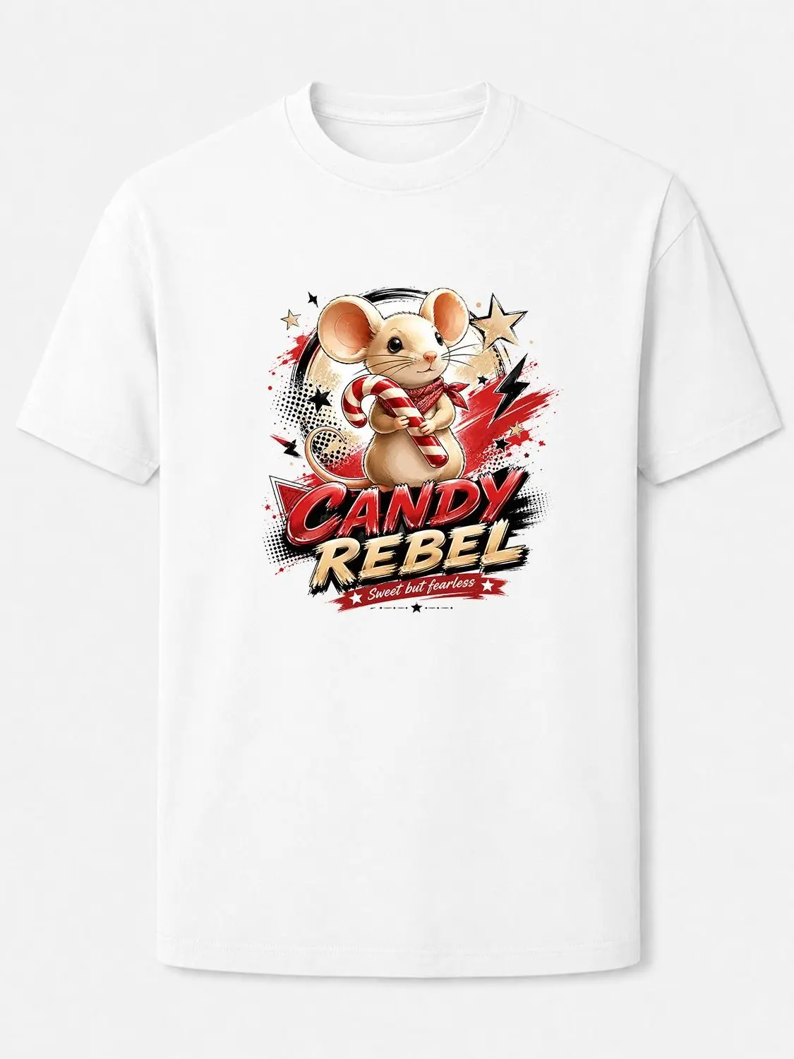 Candy Rebel Christmas Candy Cane Mouse Graphic White T-Shirt, Red Splash Star Lightning Cartoon Crew Neck Tee, Soft 100% Cotton Loose Unisex Casual Short Sleeve Top