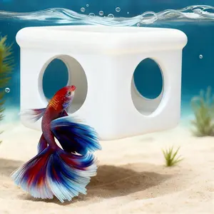 White Floating Betta Hideout with Round Side Holes – 3D Floating Breeding Box & Resting Cave with Window – Feeding Platform, Fish Shelter & Hammock for Betta, Guppies, Nano Tanks & Small Aquariums