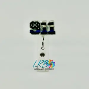 Blue Line 911 Badge - Retractable Badge Reel ID Holder, Handmade First Responder Badge Reel, Teacher Lanyard, Custom Badge Charm for Dispatchers, Police, Security & Nurses