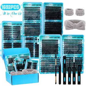ADORANCE Lash Clusters Kit 1632pcs D Curl Natural Volume Thick Individual Eyelashes Kit, DIY Lash Extensions at Home, Includes Bond and Seal Remover, Double-Ended Brush, Headband and Wristband, Beginner Friendly, Wispy Fluffy Cluster Lashes for Everyday M