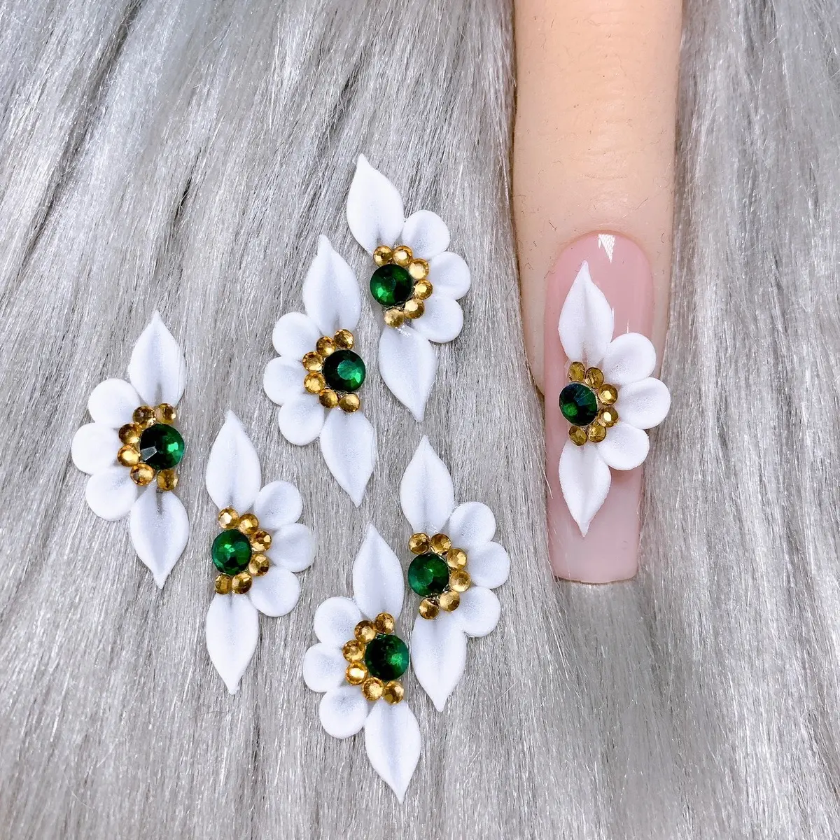 Premade 3D acrylic White flowers Emerald Gold Bling XL petal nail charms nail art