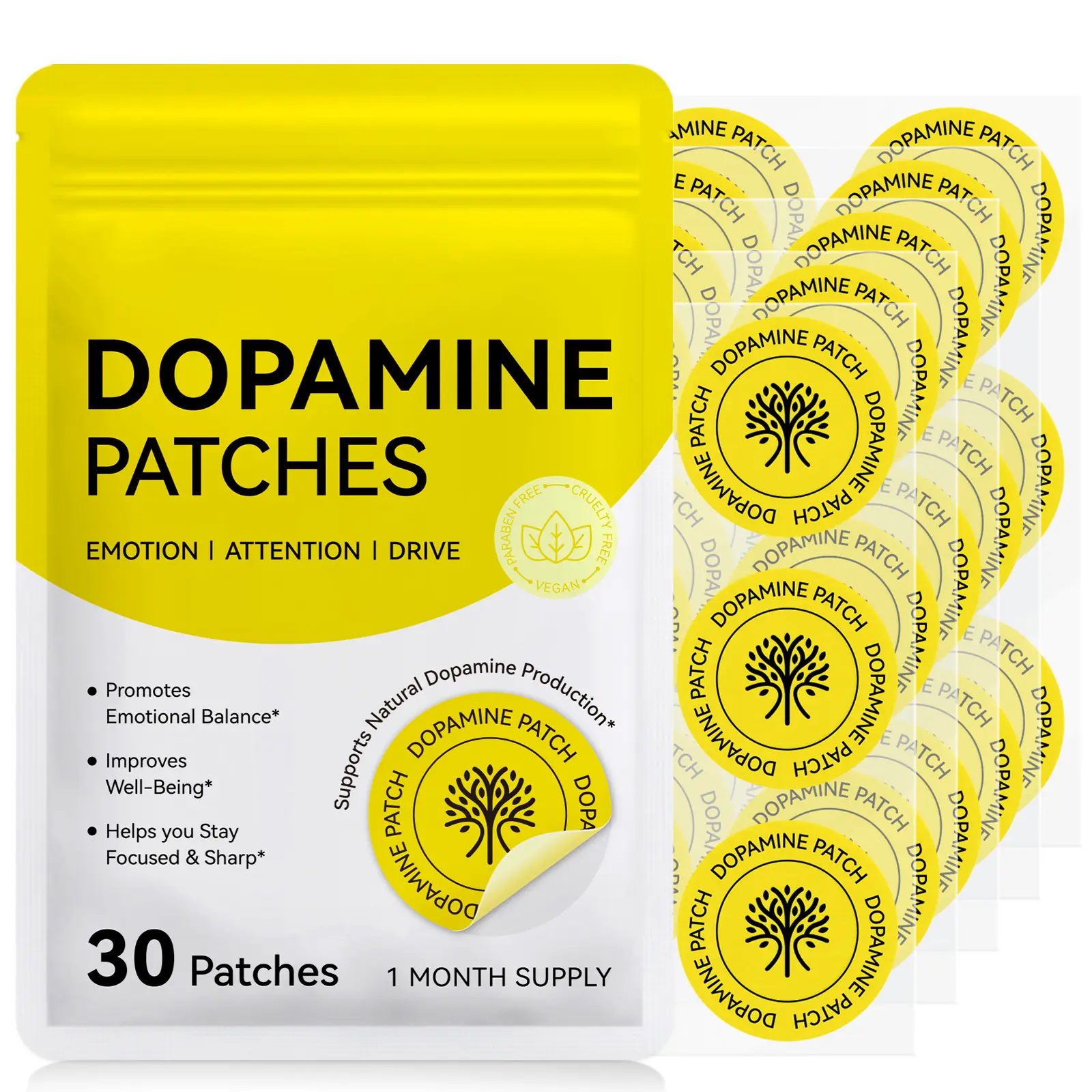 Acentiallabs Dopamine Heat Patches Pack - 30 Patches (1-Month Supply), 24-Month Shelf Life, Lightweight Cotton Cloth, Peel-and-Stick for Effortless Use, Soft Breathable Skin-Friendly Daily Wear for Enhanced Concentration