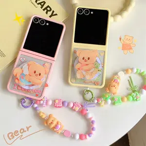 Korean INS cute bear Magnetic stand Phone Case for Samsung Galaxy Z Flip 7 Flip 6 Flip 5 6 7 Cover with Chain with Magsafe Funda