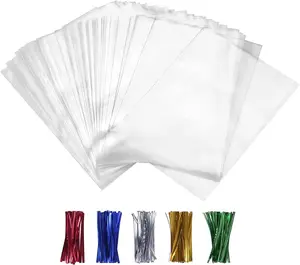 XLSFPY 100PCS Cellophane Bags Clear Plastic Cello Bags 4x6 with 4" Twist Ties 5 Mix Colors - 1.4 mils Thick OPP Treat Bags for Gift Wrapping Packaging Decorations Storage (4'' x 6'')