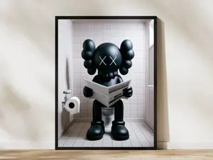 Kaws Sitting on Toilet Reading Newspaper Poster, Hypebeast Figure Print, Black Kaws Minimalist Decor, Printable Kaws