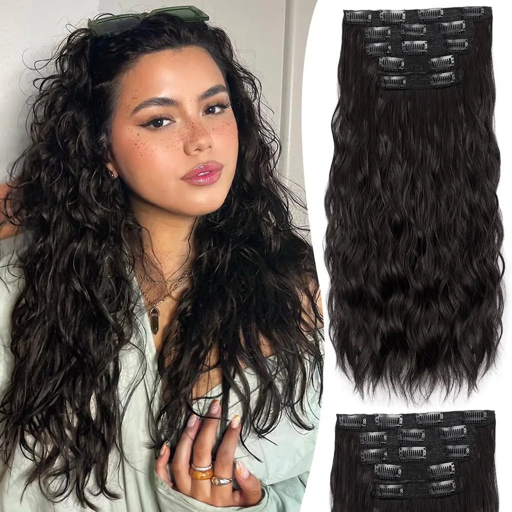 QGZ Clip-in Premium Synthetic Hair Extensions, 20" Thick Long Mermaid Waves, Invisible Lace Weft Soft Hairpieces for Women, Synthetic Extensions, Blonde Clip-In Synthetic Extensions & Pieces