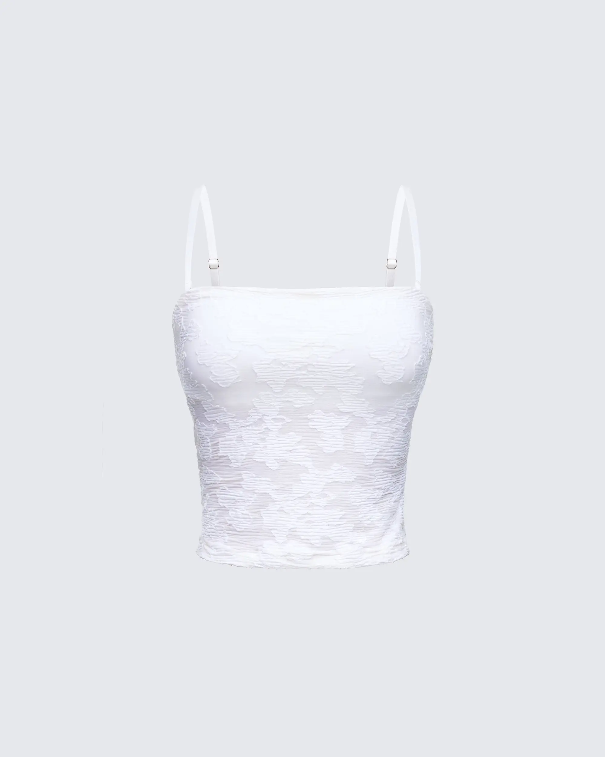 FINESSE Sybil White Shimmery Textured Fabric Cami Top with Detachable Spaghetti Straps and a Straight Neckline, Adjustable, Cropped, Fitted, Spandex, Lady, Subtle Shine, Tank Top, Sleeveless, Texture Weave, Evening, Ring Hardware, Textured Look, Short