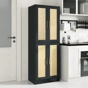 Kitchen Pantry Cabinet, Tall Pantry Storage Cabinet Freestanding with 4 Rattan Doors and Adjustable Shelves, Cupboard Cabinet for Dining Living Room