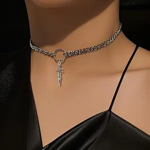 YZMOXNL Cuba O Ring Choker Necklace Punk Stainless Steel Cuban Chain with Sword Pendant Alt Jewelry for Women and Men