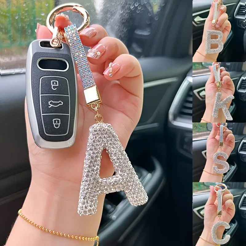 Artificial Rhinestone Letter Decor Car Keychain, Car Interior Decoration Pendant, Fashionable Car Keychain for Women & Girls, Car Decoration Accessori