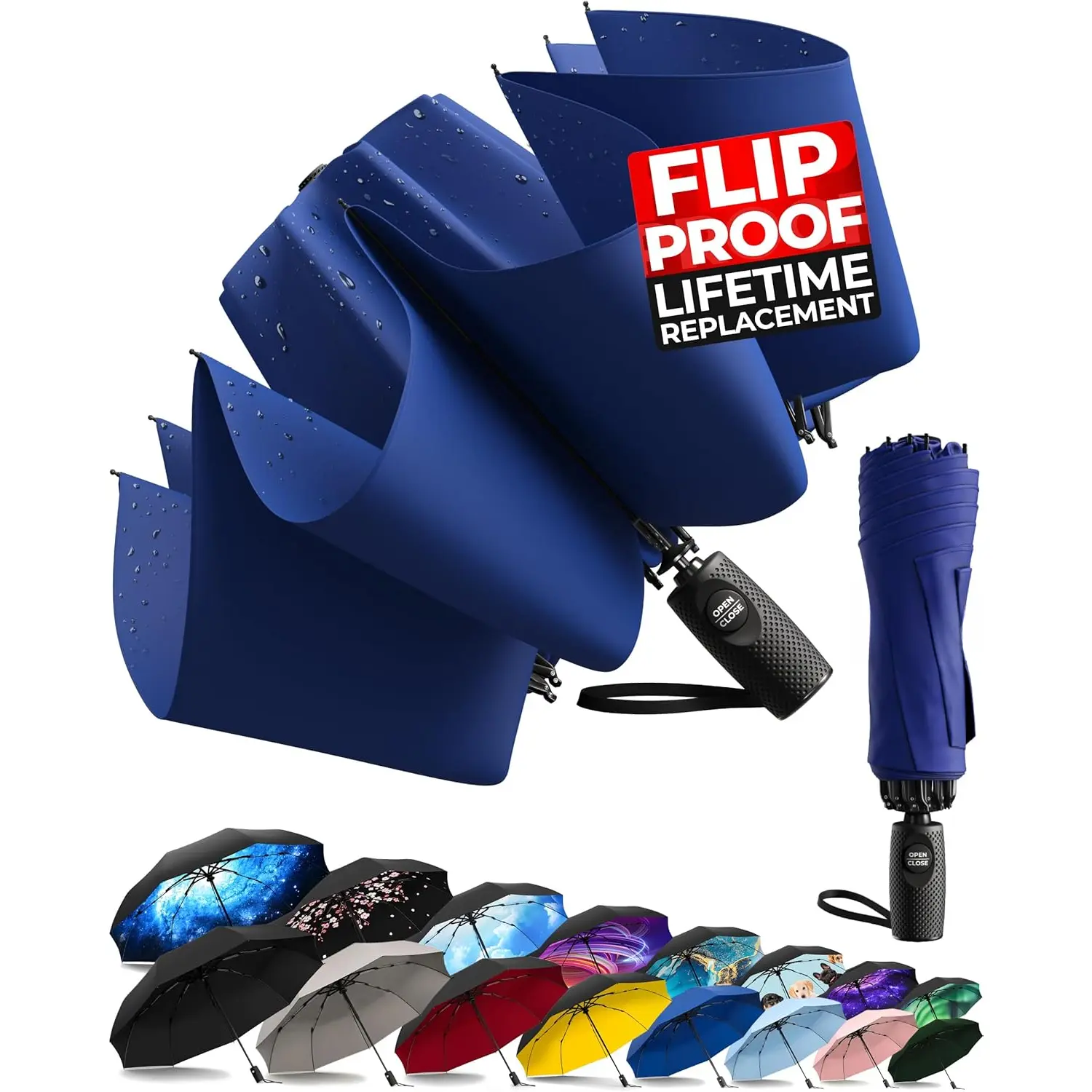 Flip-proof Inverted Travel Umbrella, Small  but Light Portable and Automatic Reverse Folding Rain Umbrella, Durable  Grip, Fits  & Backpack