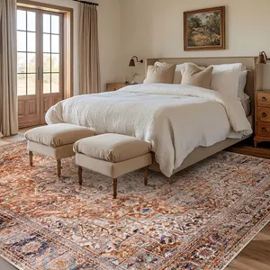 Bohemian Area Rug 6x9 for Dining Room Table,Washable Stain Resistant Rustic  Floral Retro Terracotta Rugs for Boho Living Room Bedroom,Burnt Orange