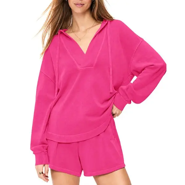 Fisoew Women's 2-Piece Matching Cotton Pajama Set - Oversized Long-Sleeve V-Neck Hoodie & Stretchy Shorts, Comfortable Relaxed-Fit Women's Clothes, Ideal for Loungewear & Errands