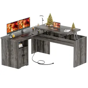 Homieasy L Shaped Computer Desk with Drawer, Lift Top Office Desk with Power Outlets and USB Charging Ports, Large Corner Desk Writing Table with Storage, L Shape Standing Desk, Black Oak